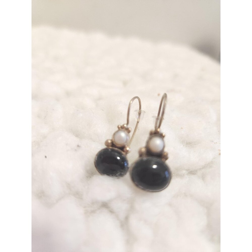 Pierced 925 Drop Earrings Black Stone with Faux Pearl